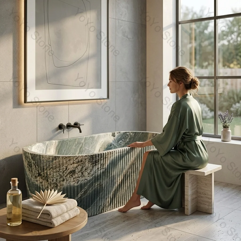 #￥Free Standing Fluted Design Marble Bathtub Unique Custom Size Soaking Garden Bathtub for Luxury Villa Hotel Application