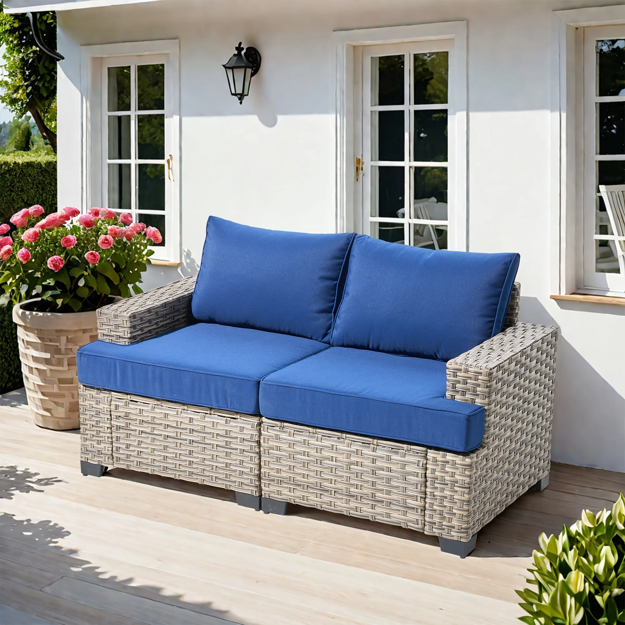 Set di mobili da giardino per esterni in vimini meteorologico, rattan intrecciato a mano dal design modulare, tavolino da caffè e pouf con illuminazione per divano componibile