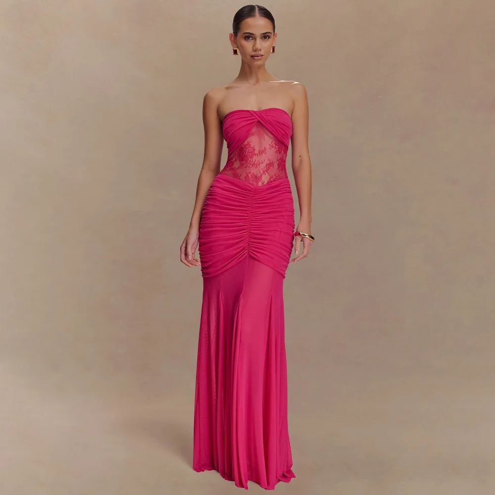 

Sexy Pink Lace Women Prom Dress Sexy Strapless Sleeveless Ruffles Long Sheath Party Gown Sheer Formal Red Carpet Robe Skirt