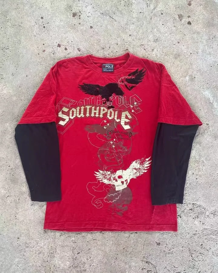 Red Fake Two-piece T-shirt With Black Long Sleeves Euro-American Street Tide TOP