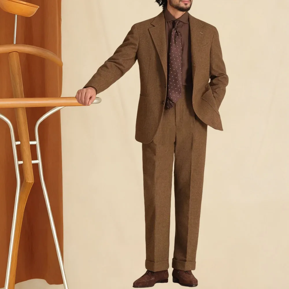 

Мужской костюм из дышащей шерсти, деловой повседневный костюм, комплект брюк с курткой, коричневый мужской топ в сочетании с комплектом брюк с прямыми штанинами