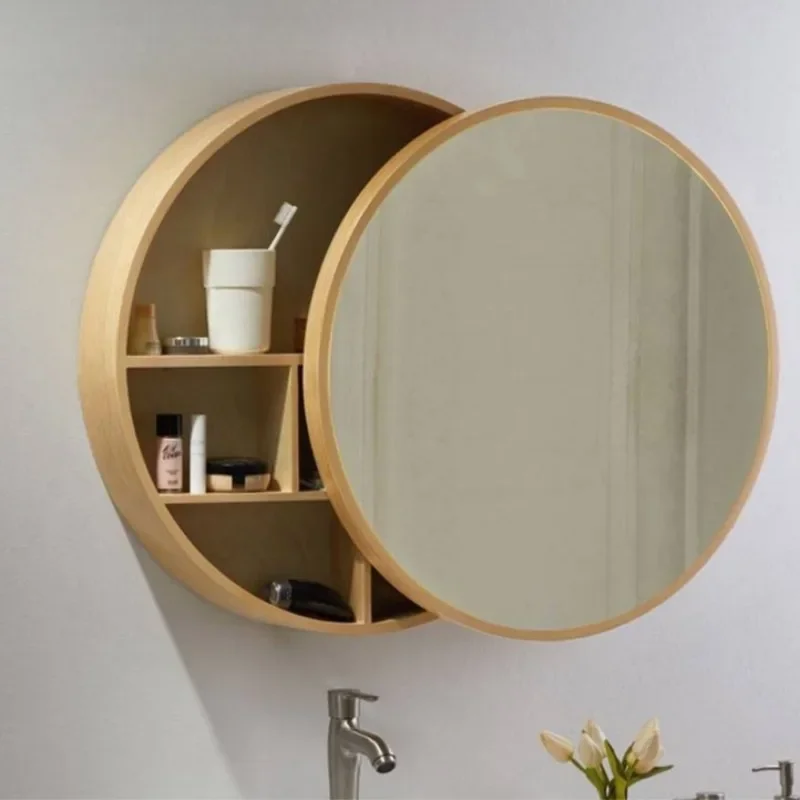 Solid Wood Bathroom Dressing Mirror Cabinet Sliding Door Rest Room Storage Wall-hung Type Round Decorative Mirror Home Decor