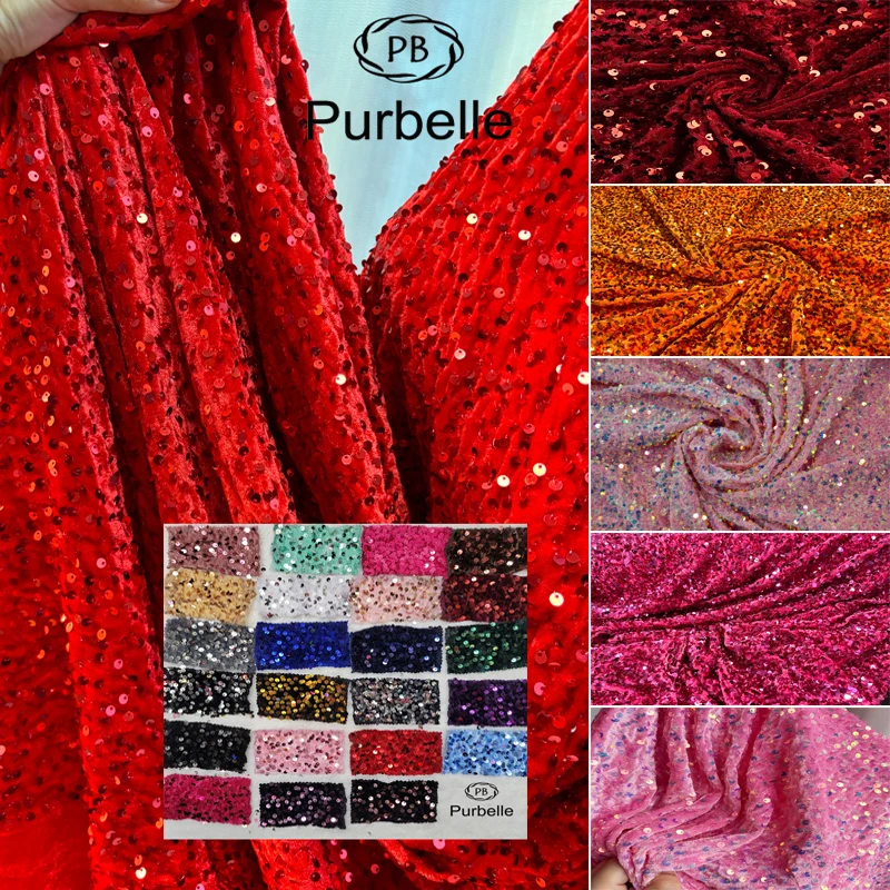 Red 2-way Stretch Sequins Velvet Fabric Spandex Velour Apparel, Costume, Events, Decoration,Dance Wear DIY Sewing Material