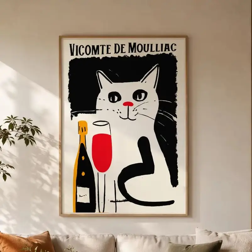 Cat Champagne Poster，Canvas Wall Print,Modern Art Illustration,High‑Grade Home Decoration Artwork for Bedroom,Living Room,Office
