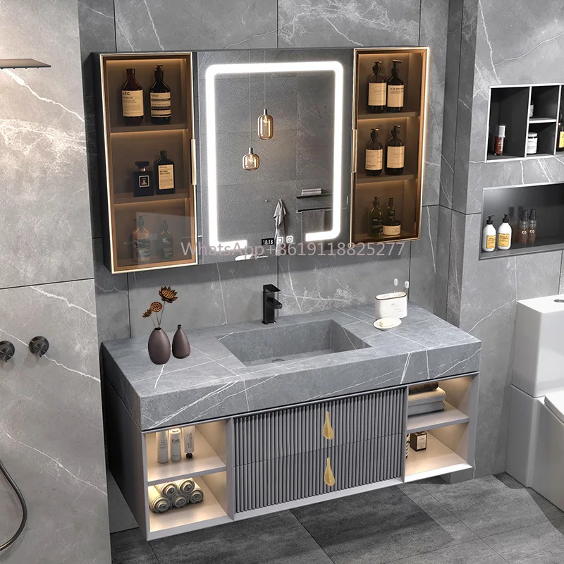 Mobili armadi bagno vanity cabinet intelligente LED light soild vanità in legno specchio intelligente moderno di lusso