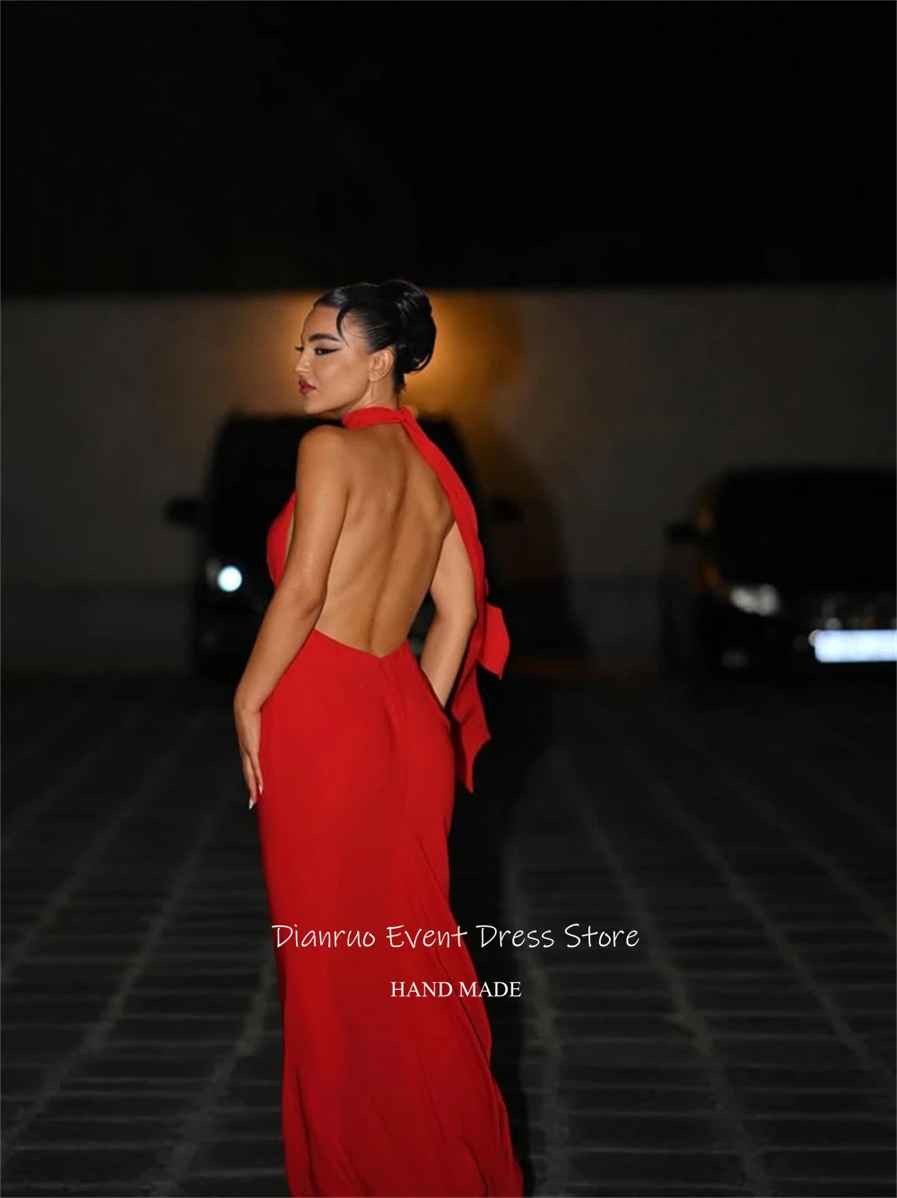 Dianruo فساتين سهرة مثيرة بدون ظهر باللون الأحمر عميق على شكل حرف V من الشيفون رداء حفلات رسن العنق حورية البحر للنساء حسب الطلب #4