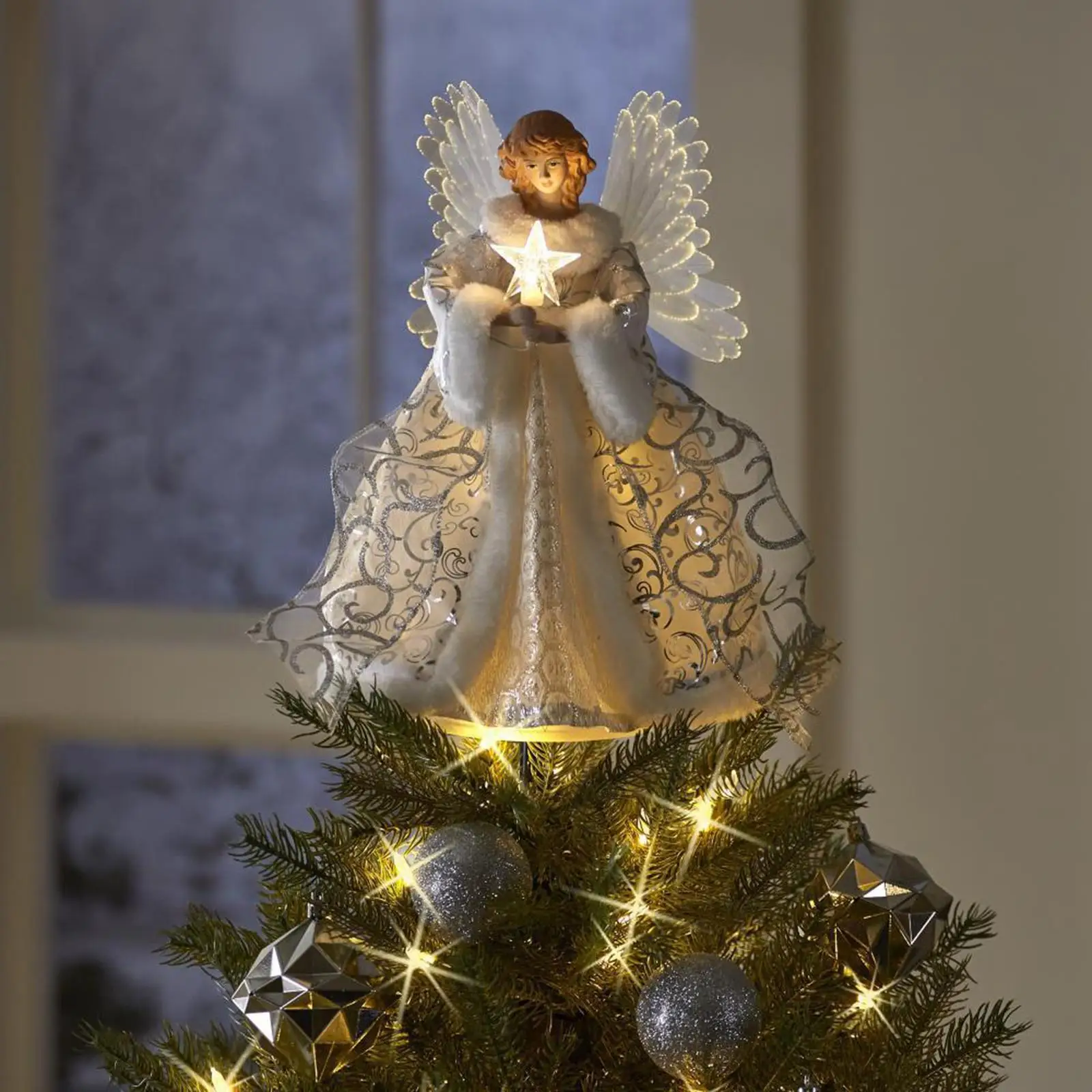 Estatuilla de copa de árbol de Navidad de Ángel, adorno iluminado de 25x20cm, decoración de Ángel