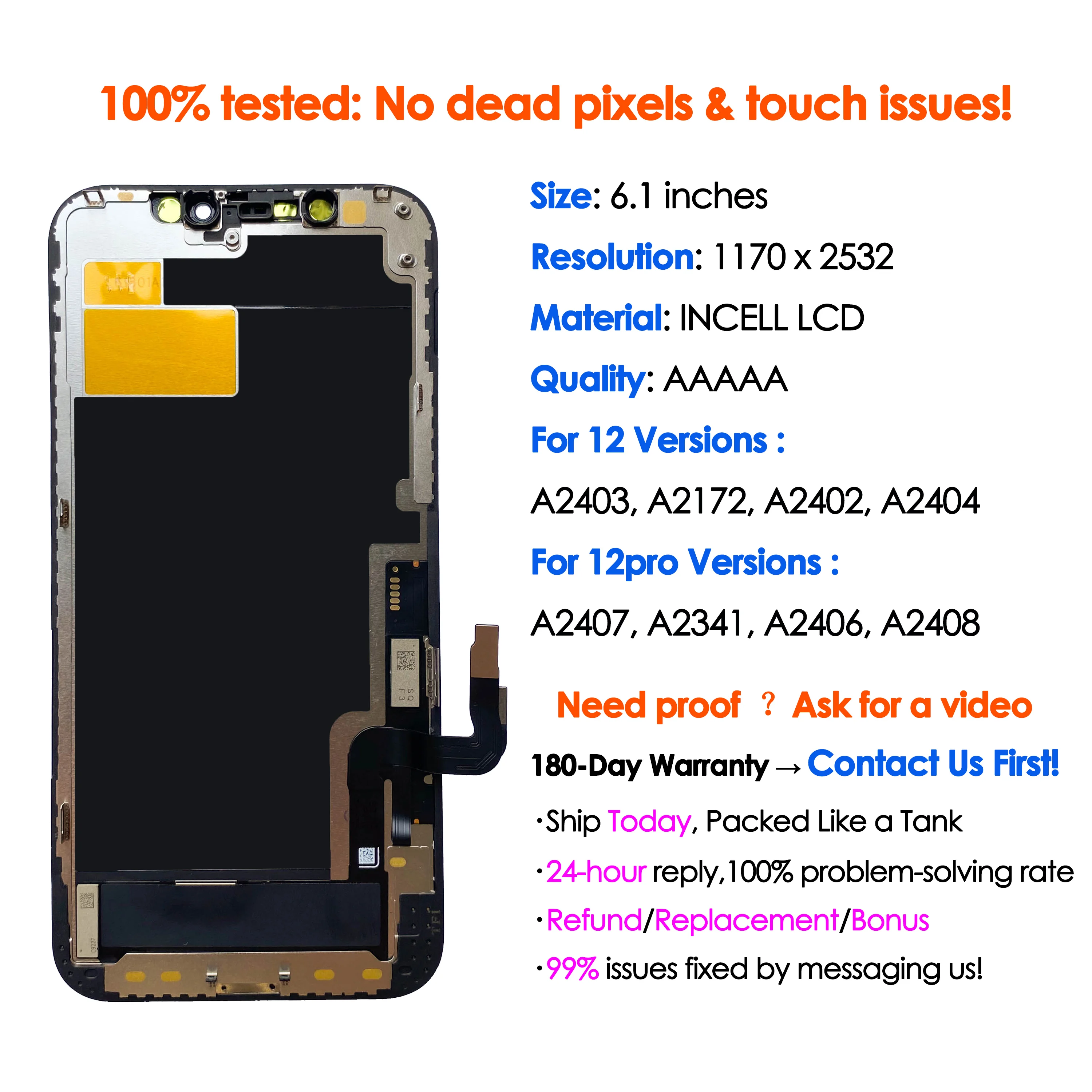 High quality AAA incell LCD For iPhone 12 Pro Display Touch 12Pro Screen Replacement Digitizer Assembly Repair Wholesale Kit