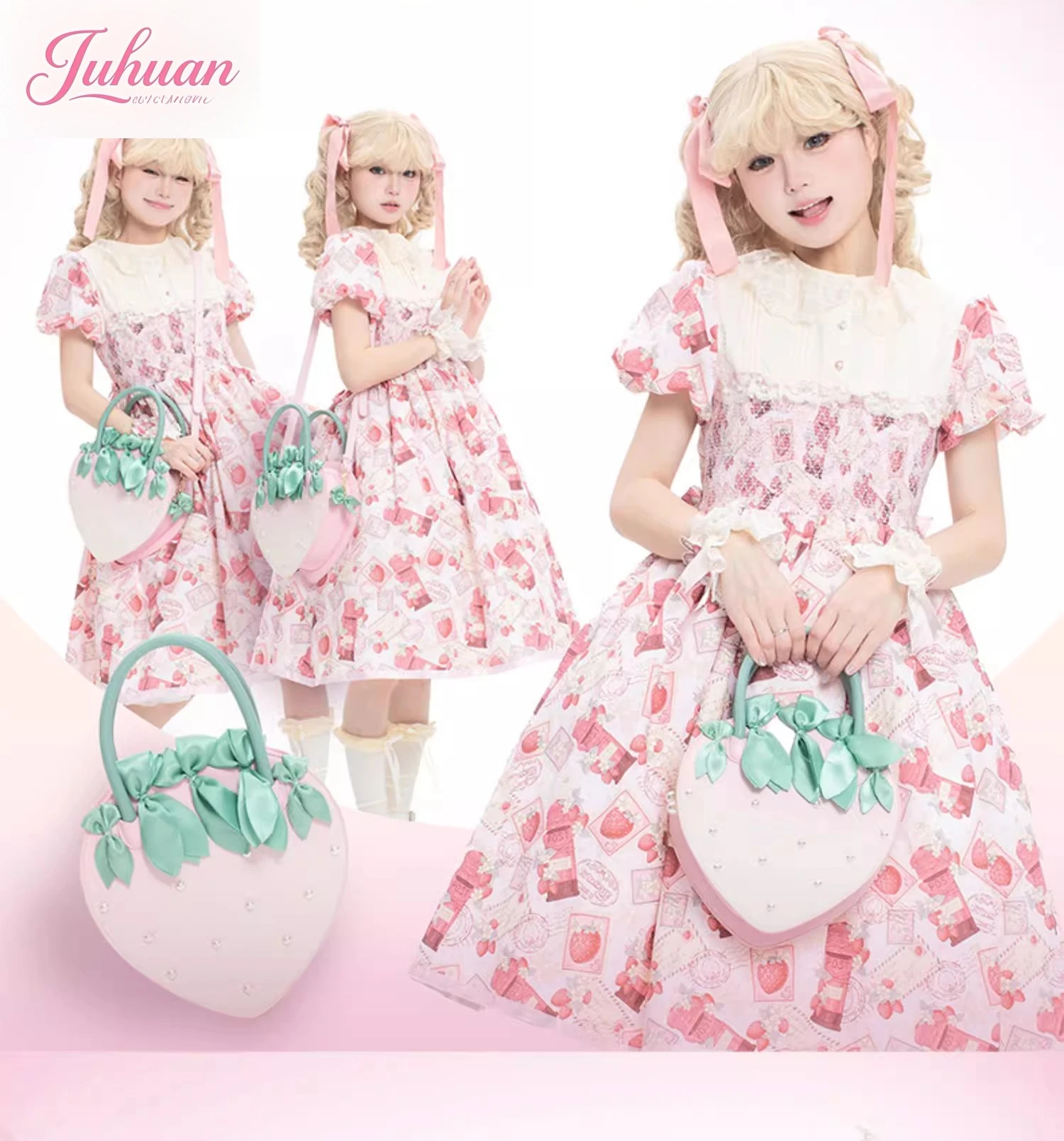 Japanese Original Lolita Cartoon Strawberry Pearl Red Bow Handbag Sweet and Cute Lo Shoulder Diagonal Straddle Bag for Women