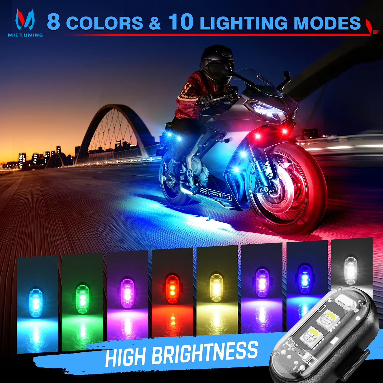 MICTUNING Wireless LED Strobe Lights with Remote Control, 8 Colors USB Charging Anti-collision Lights for Car Motorcycle Drone