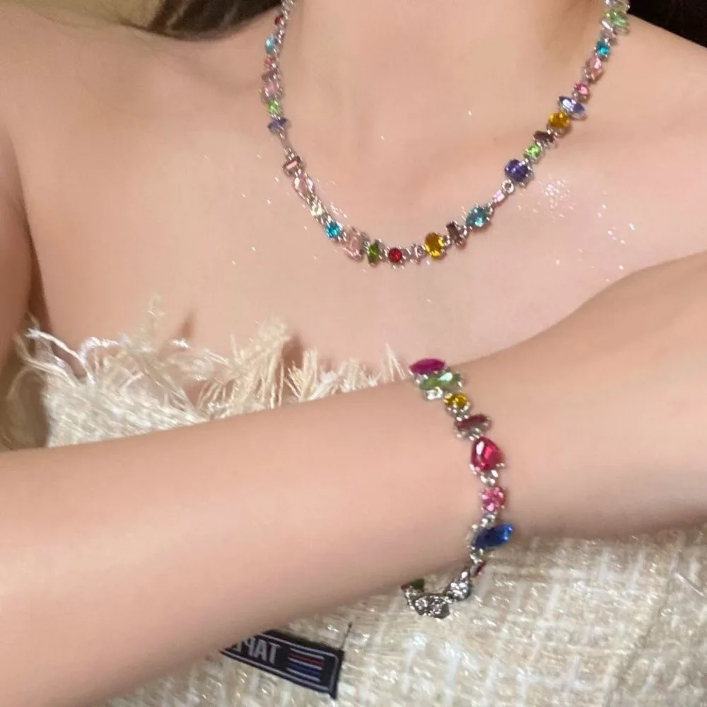 Shiny Colorul Zircon Beaded Bracelet Necklace Set for Women Elegant Crystal Rhinestone Strand Choker Jewelry Accessories Gifts