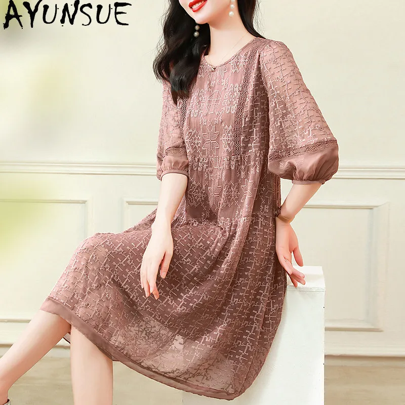 

AYUNSUE 100% Mulberry Silk Dress for Women Clothes Fashion Summer Dress Lantern Sleeve Elegant Womens Dresses Vestidos Mujer