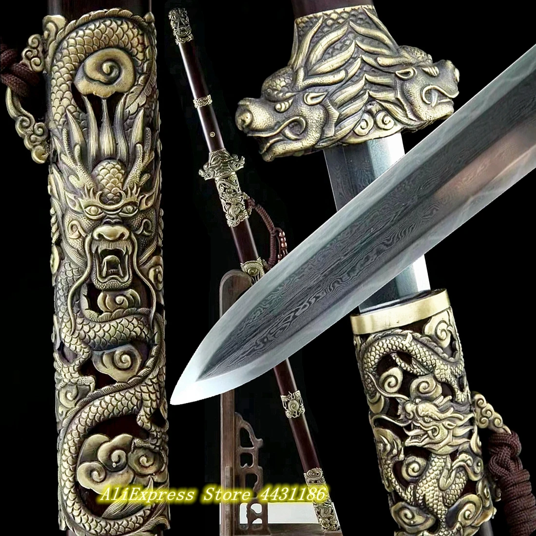 Relief Brass Dragon Sword Clay Tempered Damascus Folded Steel Chinese Tang Dynasty Saber TaiChi Double Edge Jian Rose Wood Saya