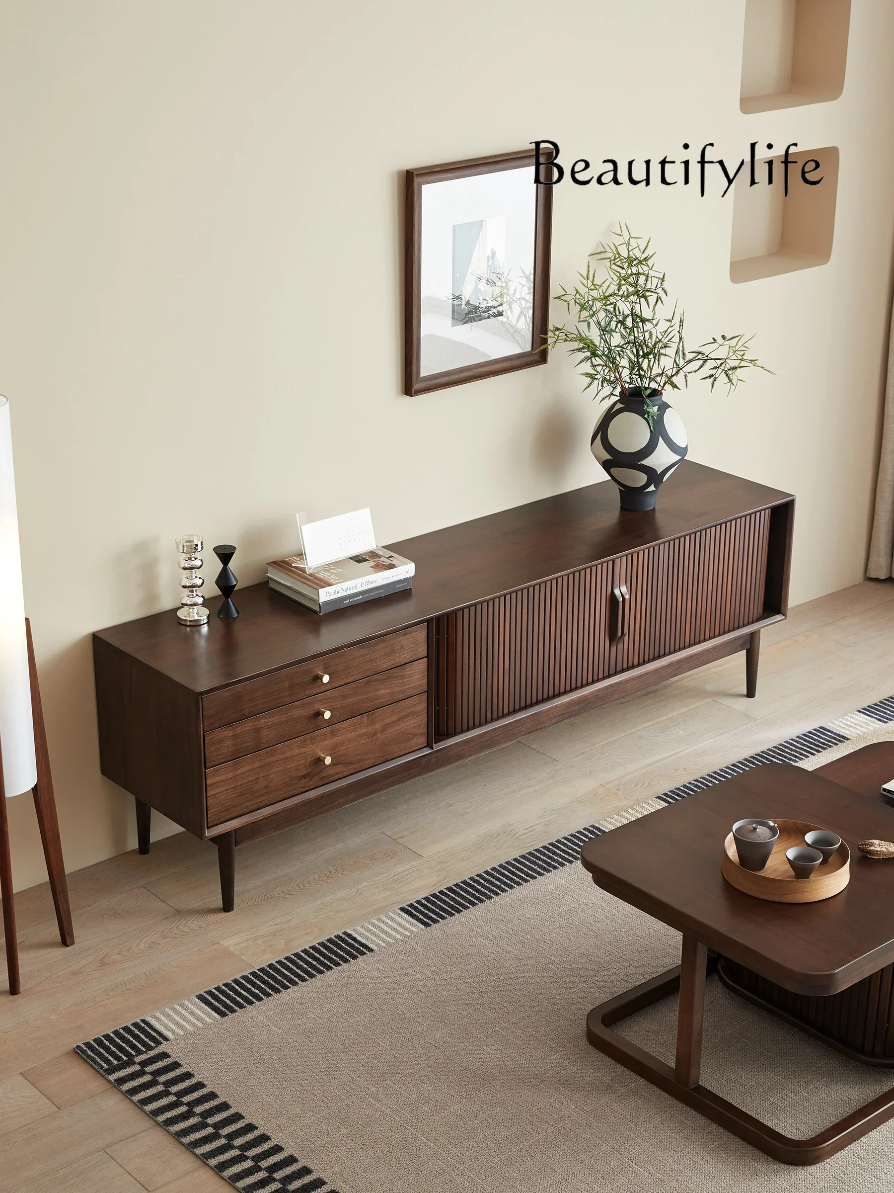 

Modern Minimalist Solid Wood TV Cabinet Light Luxury Home Living Room Northern European Retro Floor Combination