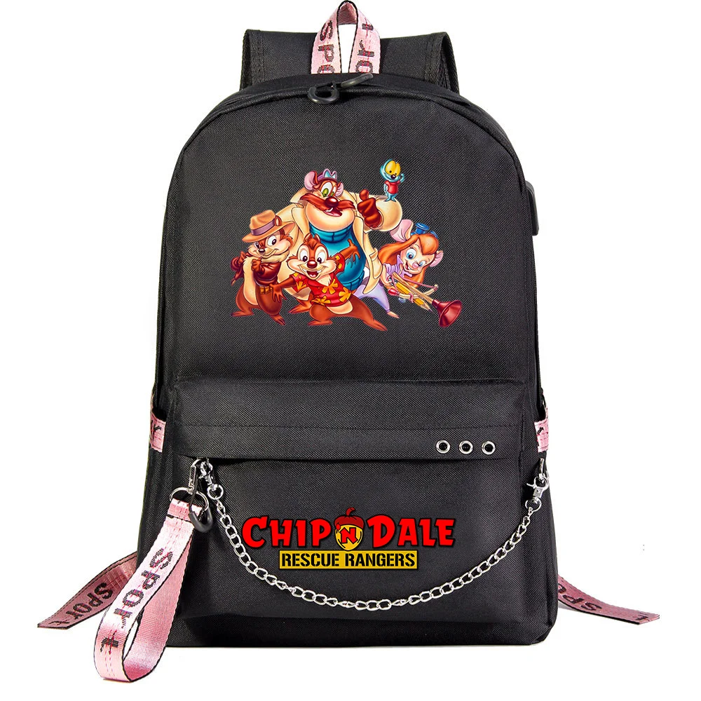 Disney Cute Chip n Dale Students School Bag Women Men Causal Travel Laptop Backpack with Charging USB Teenager Backpacks