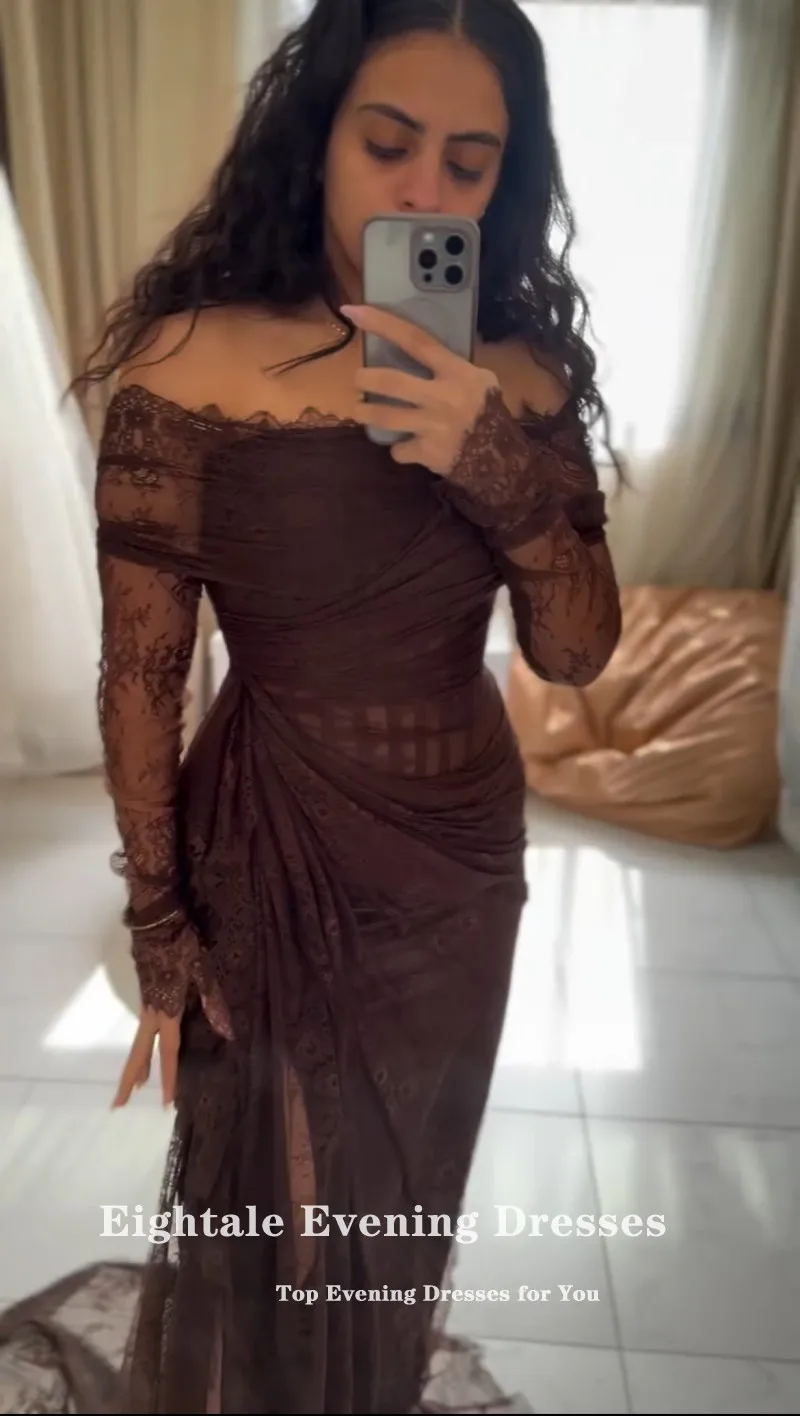 فستان سهرة من الدانتيل Eightale بدون حمالات مخصص حورية البحر بني بأكمام طويلة عربي للحفلات الراقصة وحفلات الزفاف رداء السهرة