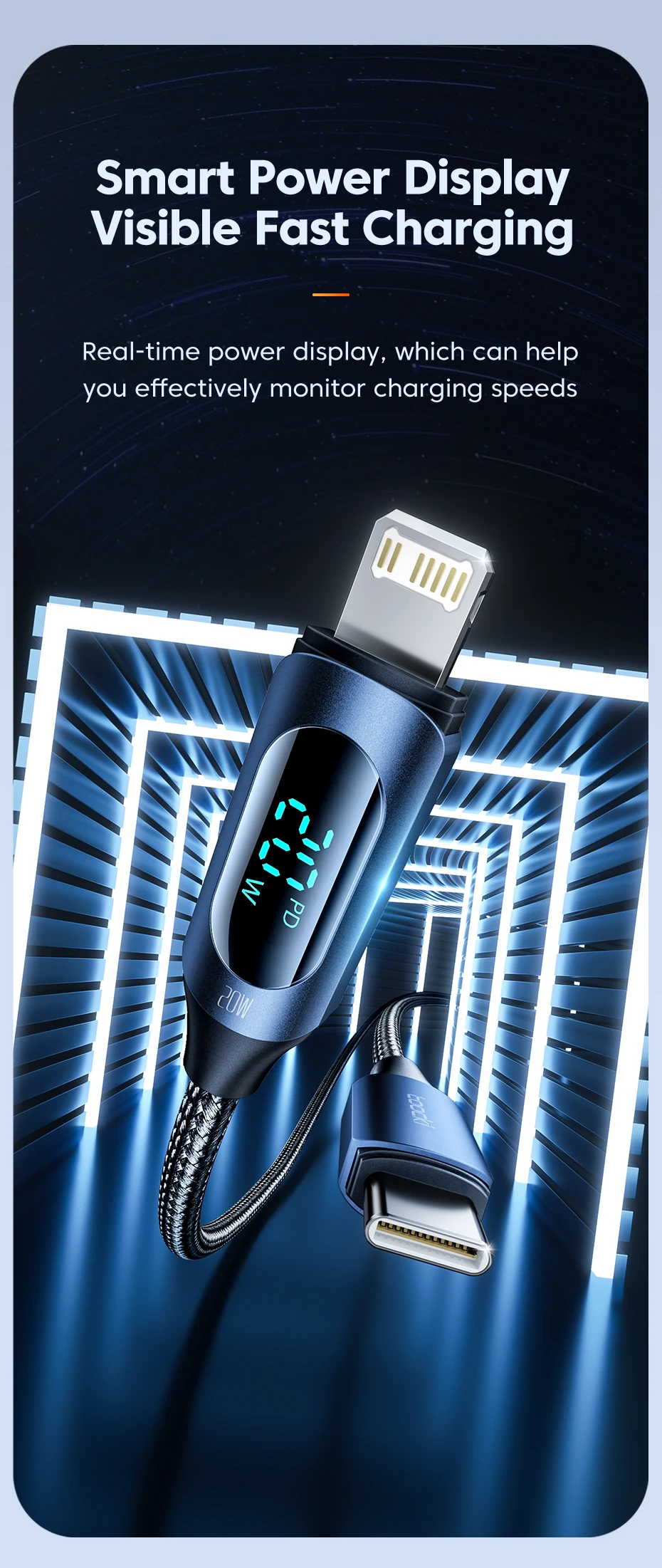 Toocki PD20W USB-C-Lightning-Kabel mit LED-Digitalanzeige, Schnellladekabel für iPhone 14 13 12 Pro Max 8 7, Typ C zu Lightning – Detail 3