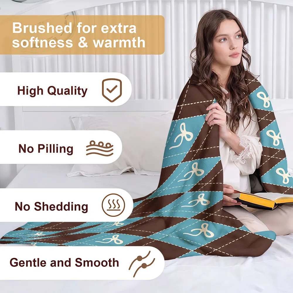 Blue Brown Bow Argyle Soft Warm Flannel Blanket Lightweight Cozy Christmas Halloween Home Decor Room