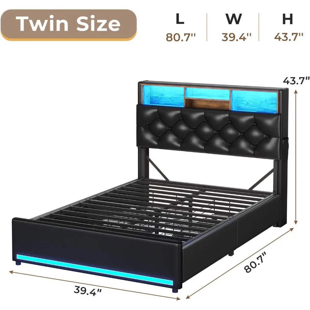 Twin Bed Frame with 3-Tier Headboard & Hidden Storage, Upholstered LED Bed Frame with 4 Drawers and Charging Station