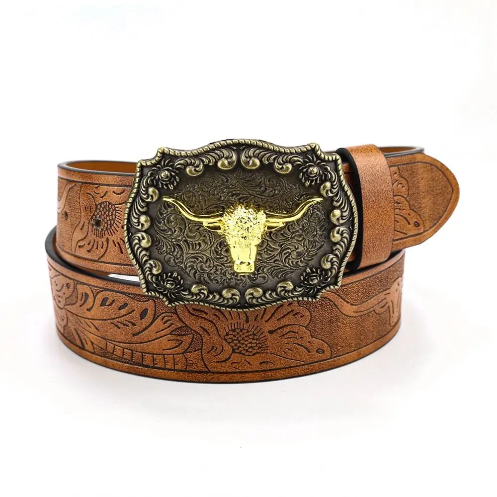 Cinturón de vaquero occidental con diseño de toro Retro para hombre, cinturón ancho Vintage, cinturón con hebilla de cuero PU, accesorios de ropa para hombre