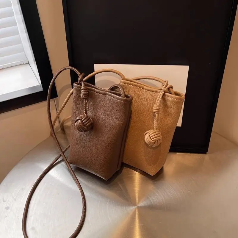 Cute Soft Leather Crossbody Phone Bag for Women, Mini Literary Style Bag with Pom Pom Ball Pendant