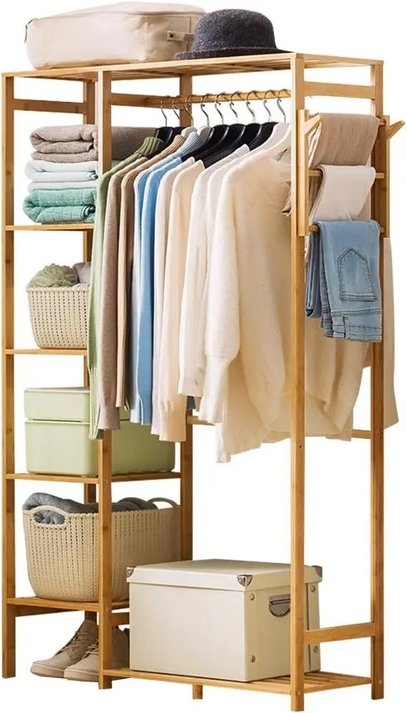 Bamboo Garment Rack 6 Tier Storage Shelves Clothes Hanging Rack with Side Hooks, Heavy Duty Clothing Rack Portable Wardrob