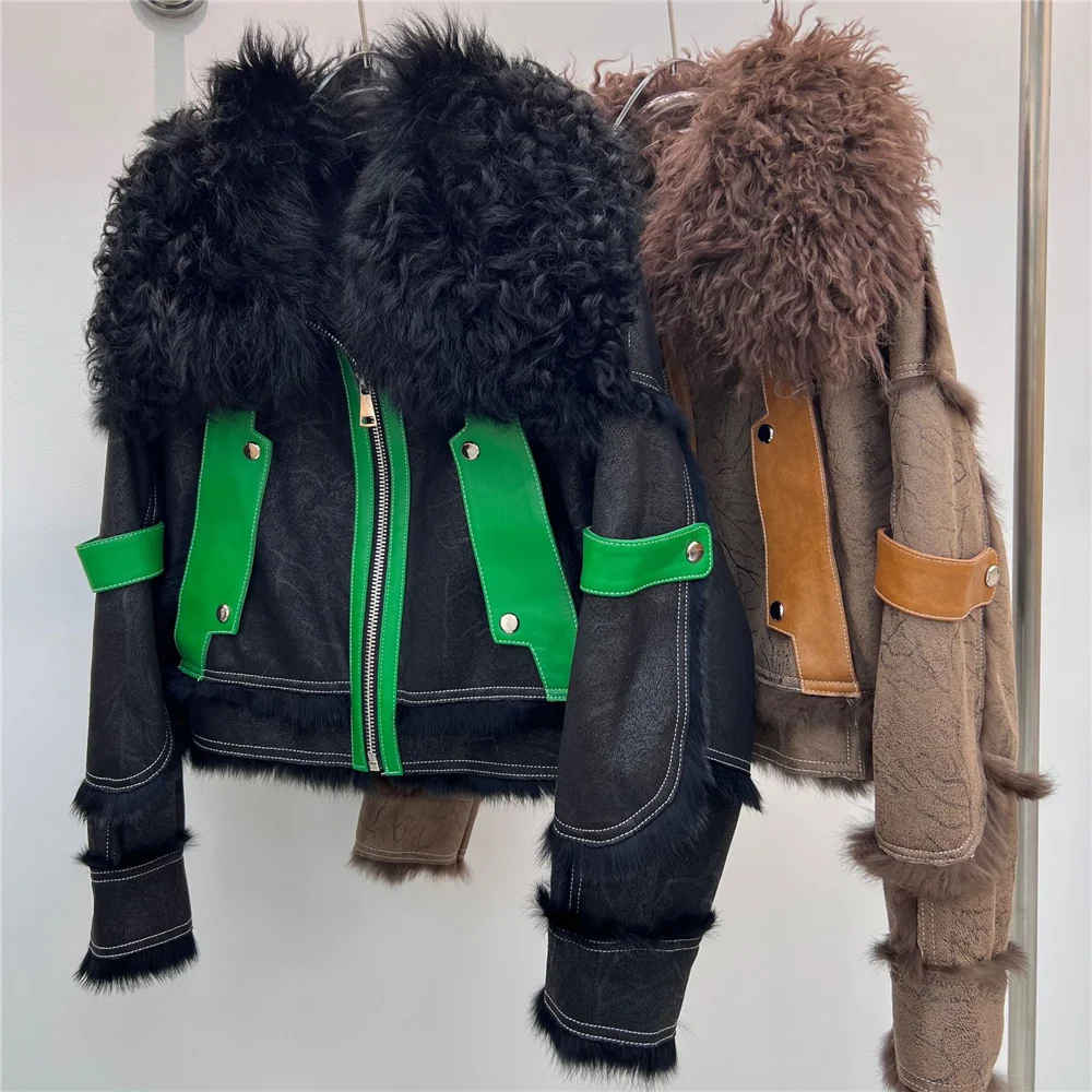 

Winter New Genuine Fur 2023 Coat Women Double Faced Rabbit Fur Jacket Fashion Wool Collar Lapel Moto Biker Style Jacket Y3067