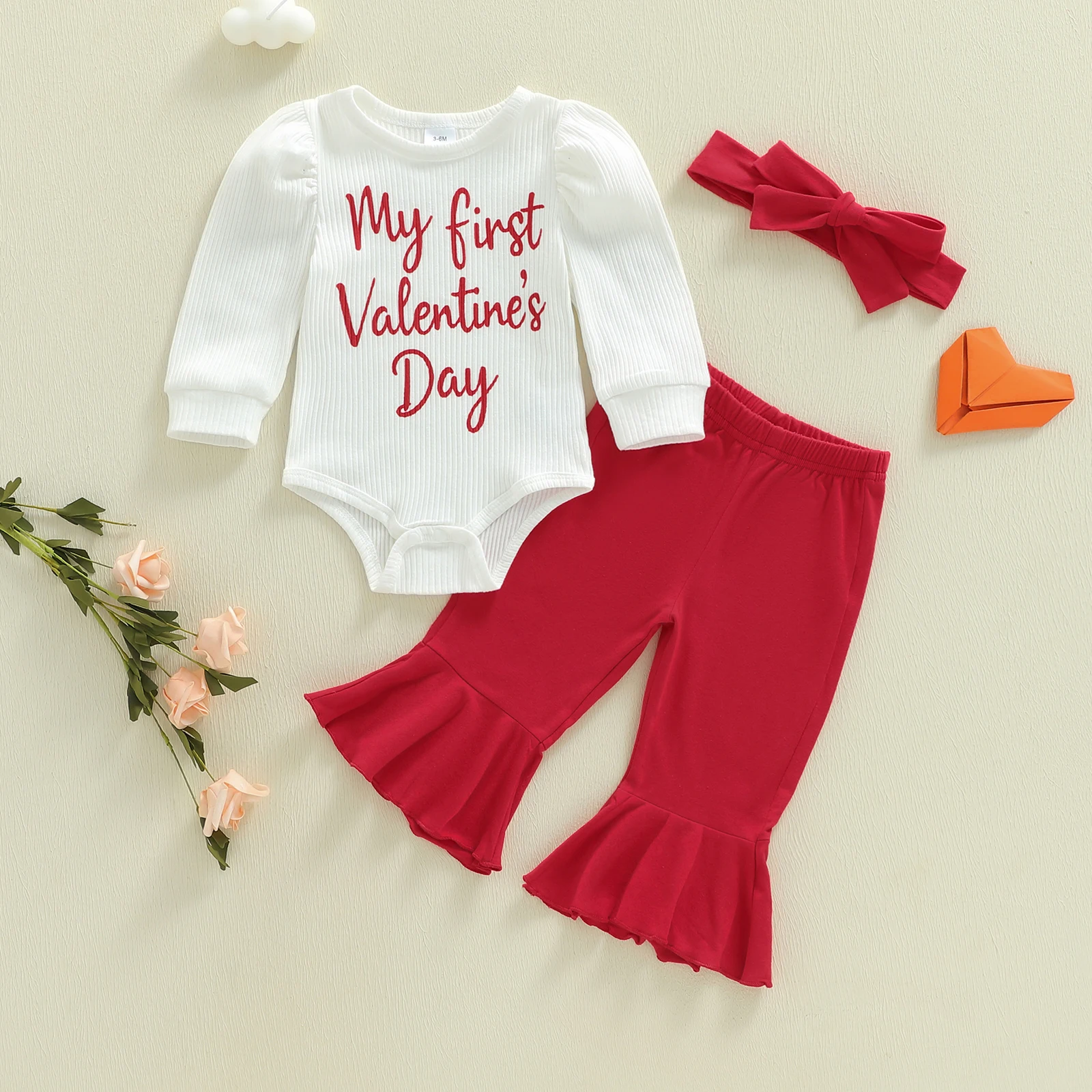

Baby Girls First Valentine's Day 3Pcs Outfit Long Sleeve O-Neck Letter Print Jumpsuit +Elastic Waist Flared Pants + Headband Set