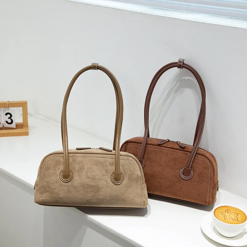 

Fall Suede French Bread Bag Simple Bowling Underarm Women's Faion Versatile Single oulder Bag Boston Motorcycle Bag