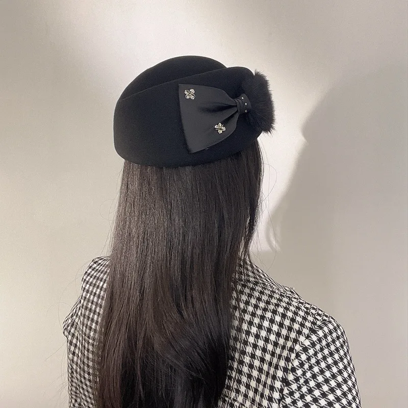 Light luxury high quality mink hair bow flight attendant hat for women Vintage elegant wool Painter hat Fall/Winter beret