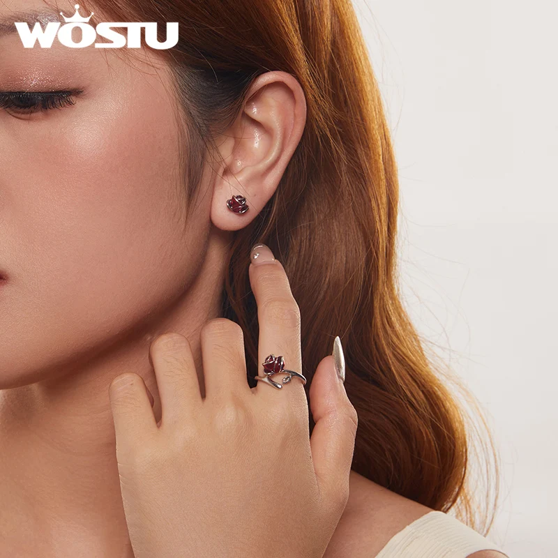 WOSTU 925 Sterling Silver Red Rose Open Ring Stud Earrings Jewelry Set with Enamel for Women Date Wedding Love Jewelry Original