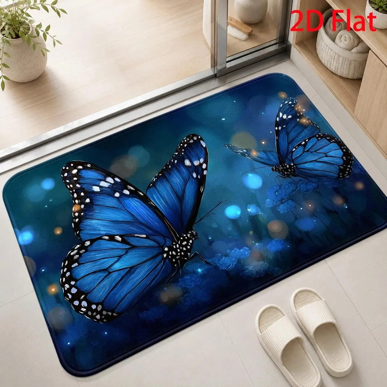 Nature Inspired Floor Mat Gorgeous Blue Butterflies with Soft Glowing Bokeh Scenery Art Graphic Decor Rug for Home Entryway