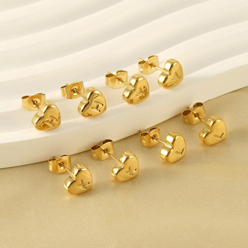 10Pcs Fashion Jewelry Hypoallergenic Stainless Steel Gold Plated Heart Shape Stud Earrings Letter Initial Earrings for Women
