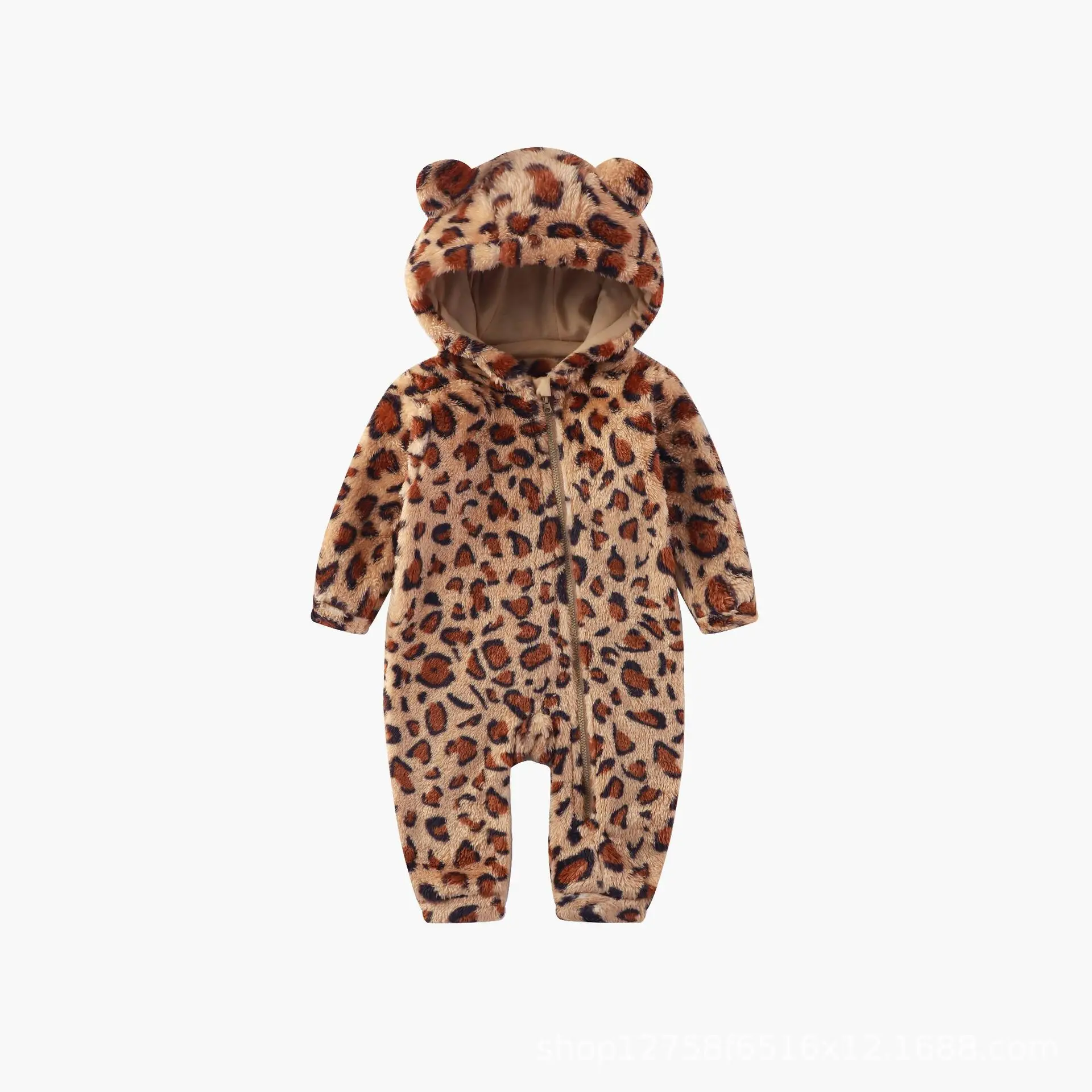 Gemütlicher Baby-Strampler mit Leopardenmuster, Kapuze, Bärenohren, Fleece-Overall, warmes Winteroutfit für neugeborene Jungen und Mädchen – Detail 2
