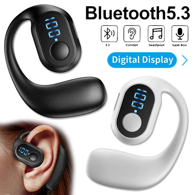 Lightweight Wireless Earphone Bluetooth5.3 Bone Conduction Headphones Ear Hook LED Display HD Calling Mic Surround Sound Earbuds