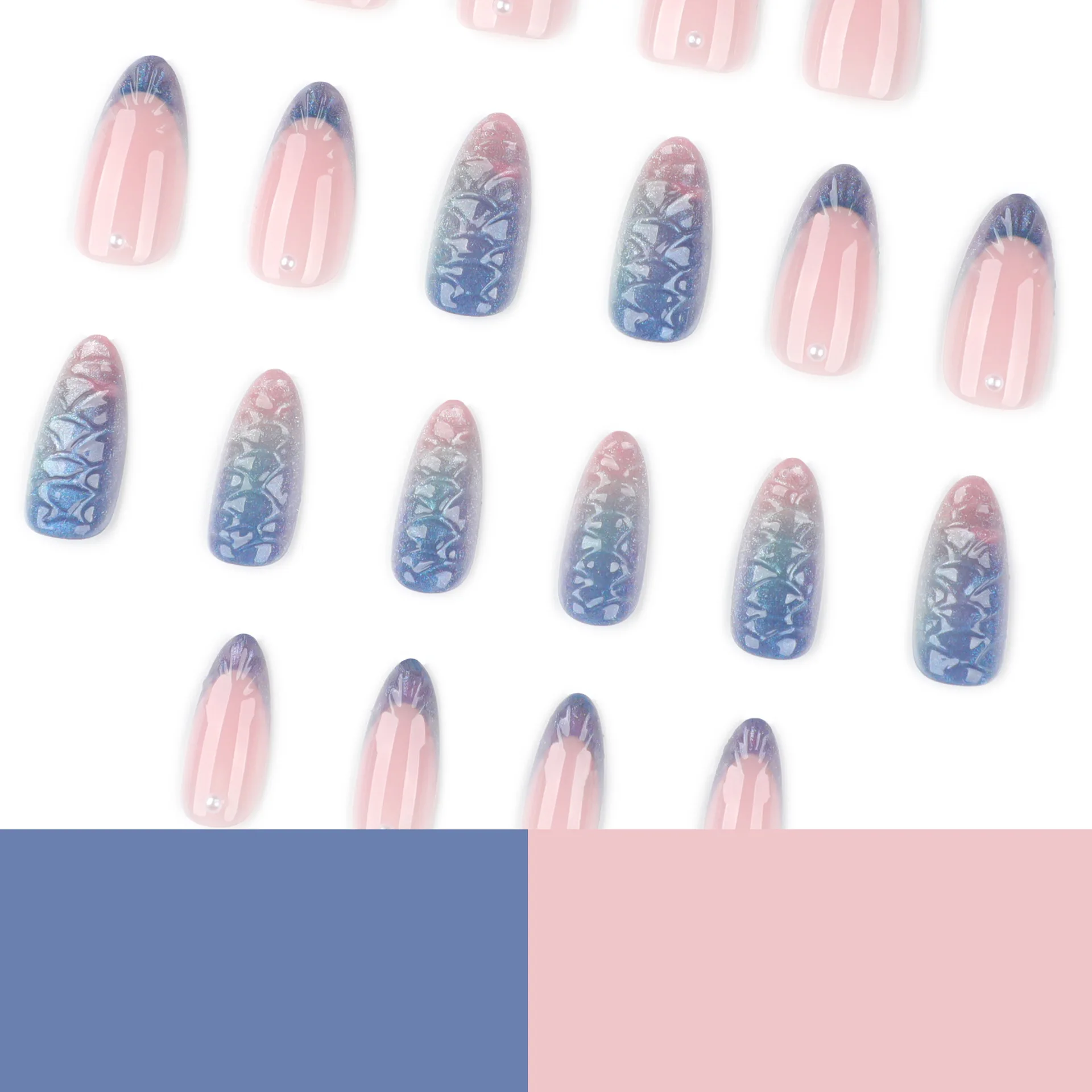 24PCS Short Almond Press on Nails Glitter Purple Gradient French False Nails 3D Patterns Fake Nail Tips Art Wearable Full Cover