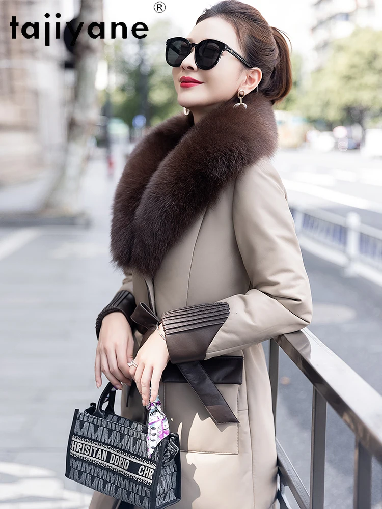 TAJIYANE 100% Real Sheepskin White Goose Down Coat Woman Long Genuine Leather Puffer Jacket with Fox Collar 2025 Winter Clothes