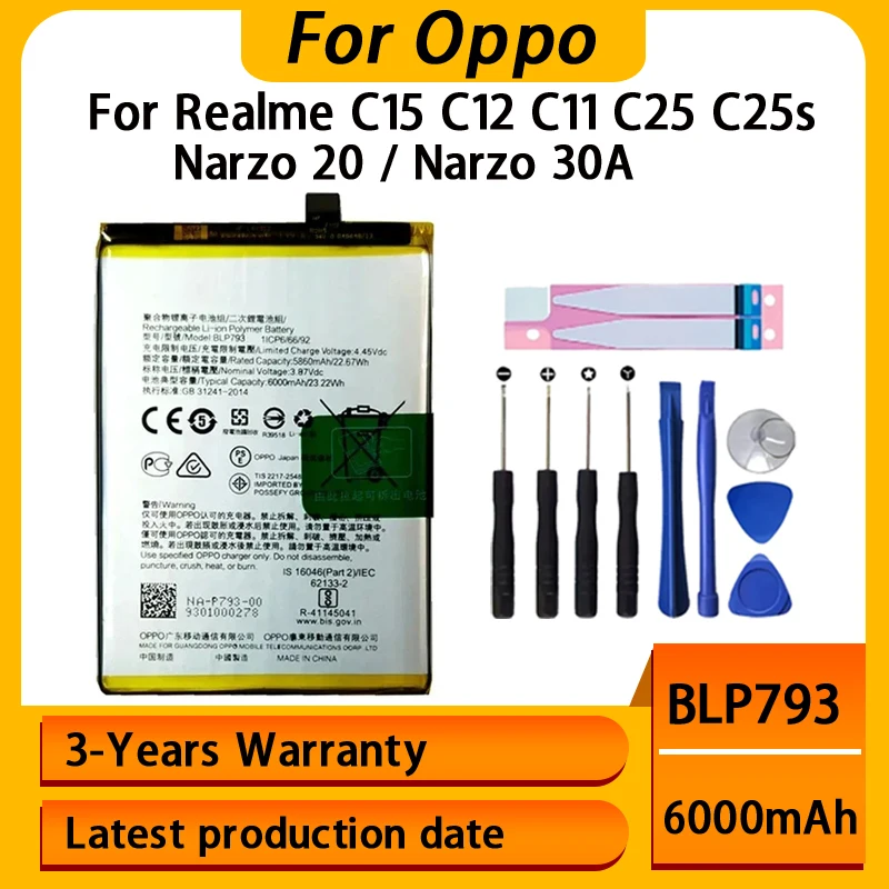 

Genuine 6000mAh BLP793 Battery For Oppo Realme C15 C12 C11 C25 C25s Narzo 20 / Narzo 30A Phone Replacement Batteries batteria