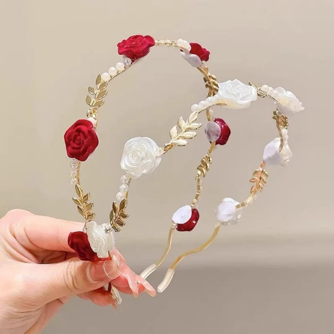 French Retro Dry Rose Red Flower Pearl Headband, Feminine Niche Headband