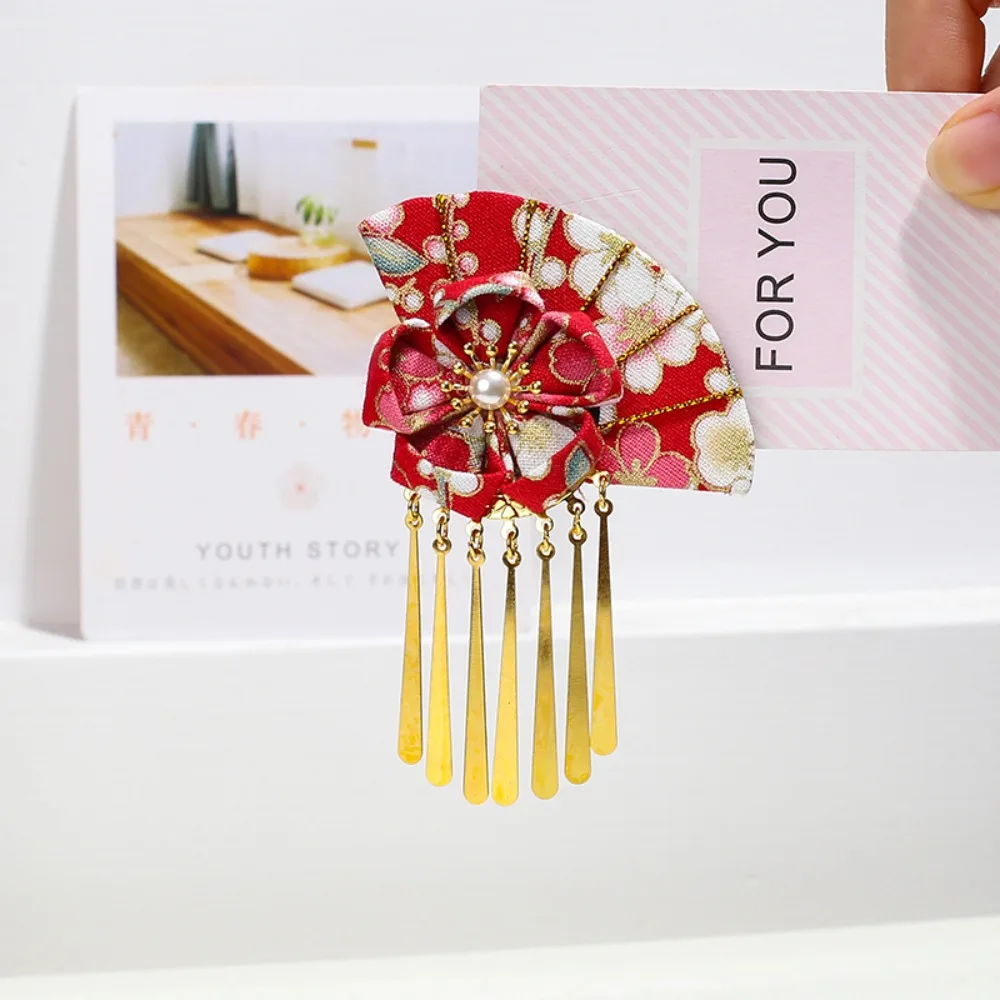 

Cute Elegant Kimono Hair Clip Traditional Metal Tassel Fan Shape Hairpin Sakura Flower Cloth Flower Hair Accessories Cosplay