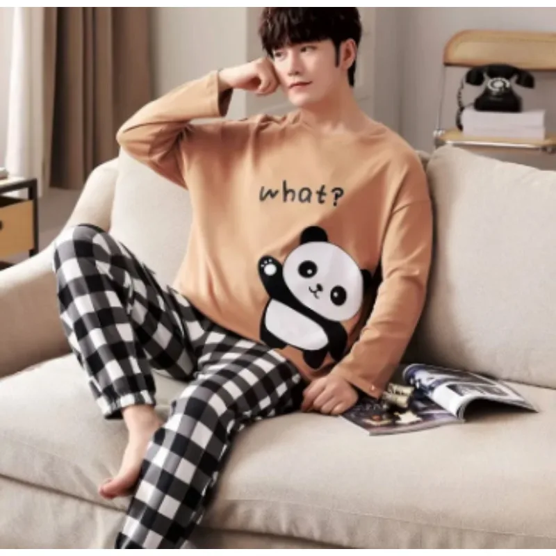 

New Pajamas Men's Long Sleeve Cotton Spring Autumn Sleepwear Teen Cartoon Student Homewear Thin Round Collar Loungewear Set