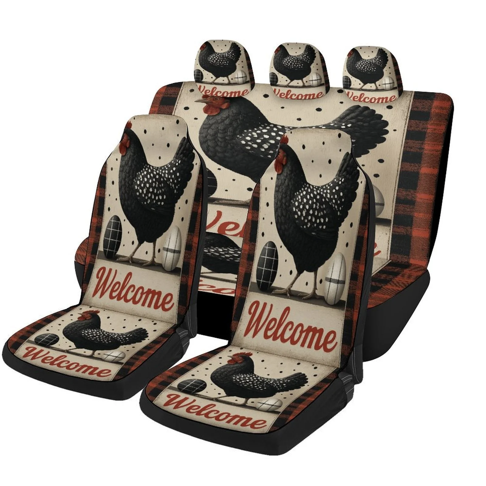Chicken Welcome Sign Themed Car Seat Cover Set For Most Cars, Trendy High-quality Car Seat Protector Covers Full Set, Car Seat