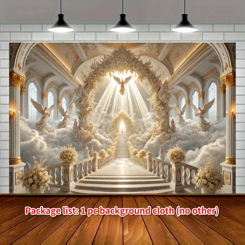 Elegante pancarta Heaven's Gate - Decoración grande de escena de iglesia celestial de 8 x 6 pies con pilares dorados, motivos florales - Boda,