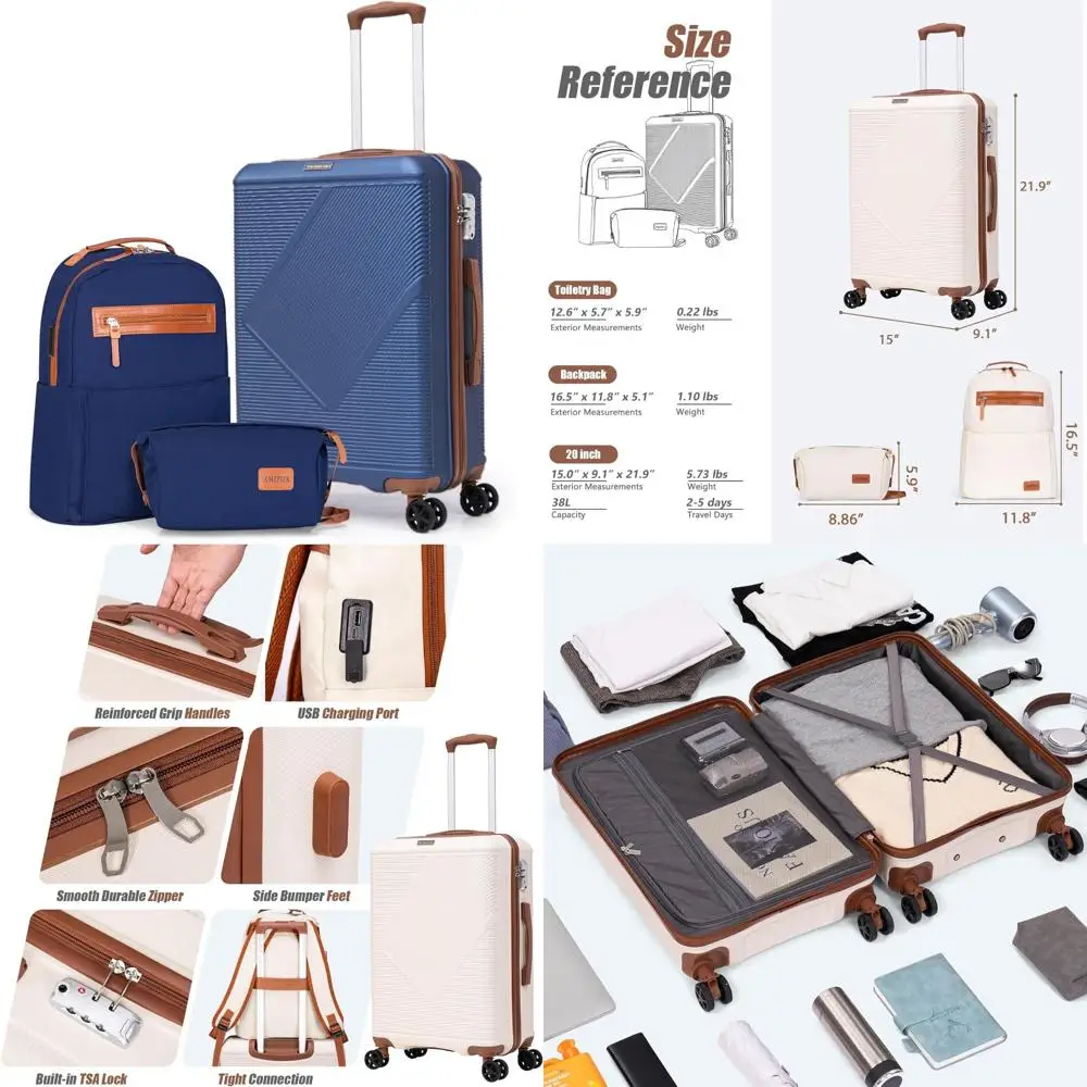 

Легкий набор чемоданов из трех предметов из АБС-пластика с 20-дюймовыми ручными чемоданами Spinner, замок TSA для надежных путешествий