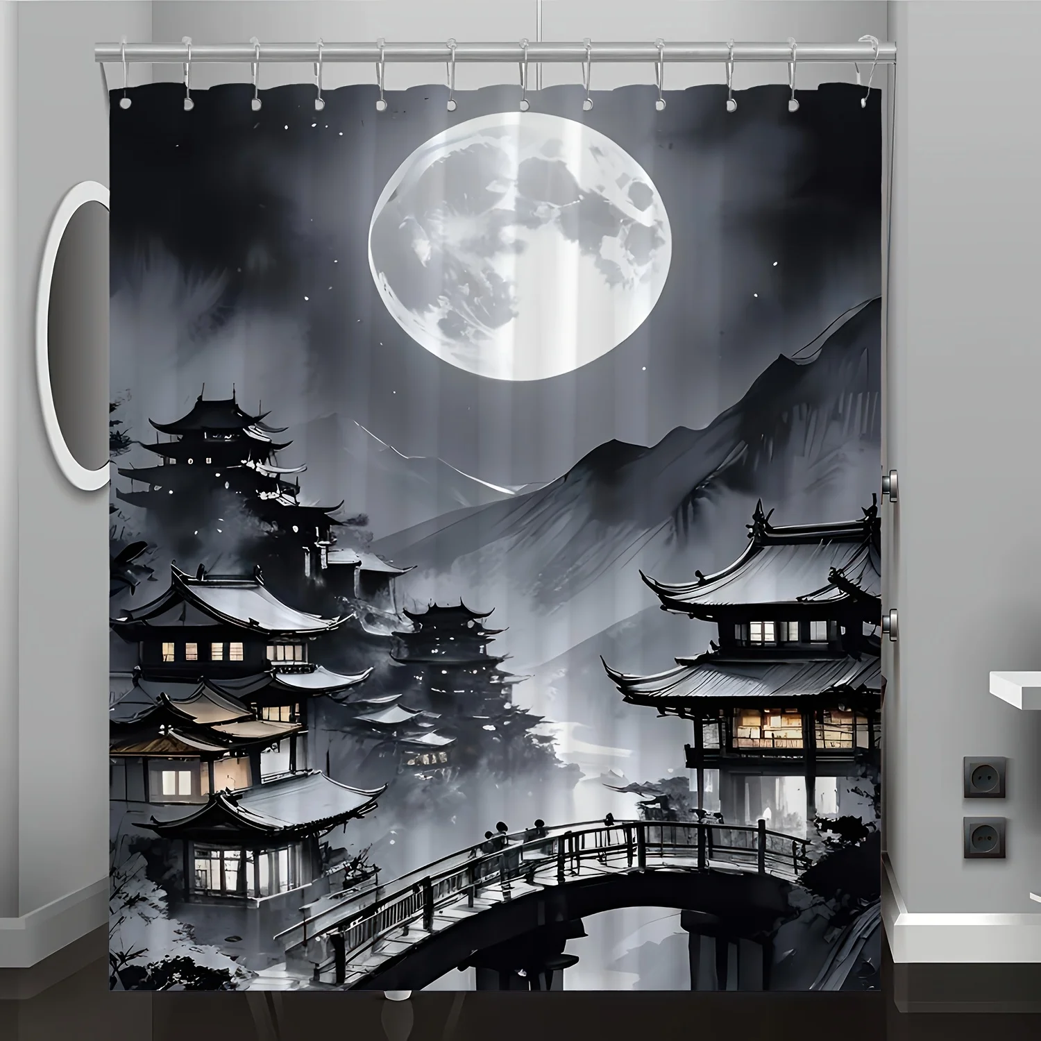 

1 шт., занавеска для душа с цифровым принтом Moonlit Mountain Pavilion, домашний декор для ванной комнаты с бесплатными крючками, можно стирать в машине