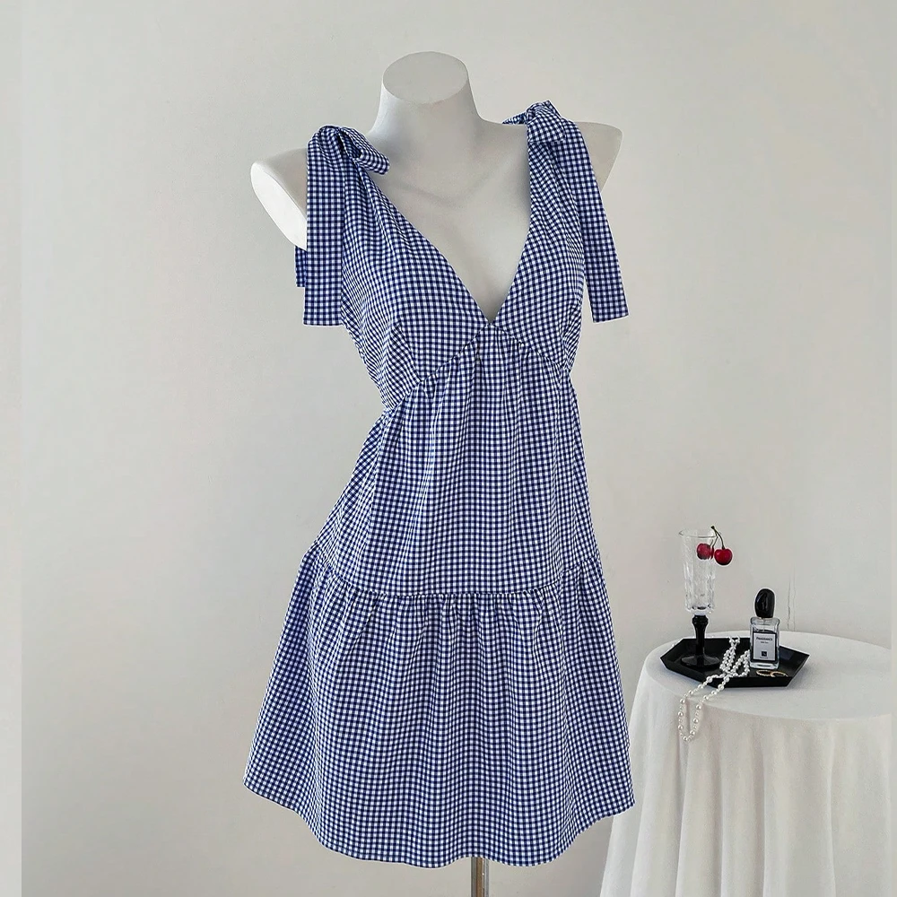 Spring/summer New Women's Casual Wrap Tank Top V-Neck Harajuku Casual Comfortable Breathable Cute Checkered Dress Japan Sweet