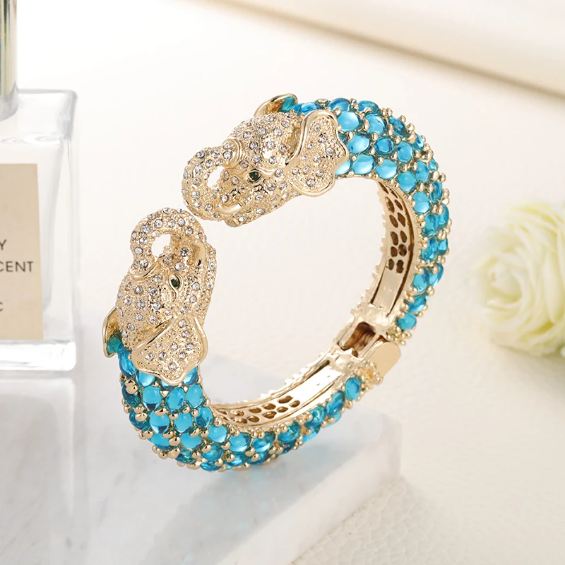 Sally\'s Paradise Resin Colorful Two Heads Elephant Bangles Crystal Animal Jewelry Gold Plated Cuff Bracelets For Women 11199