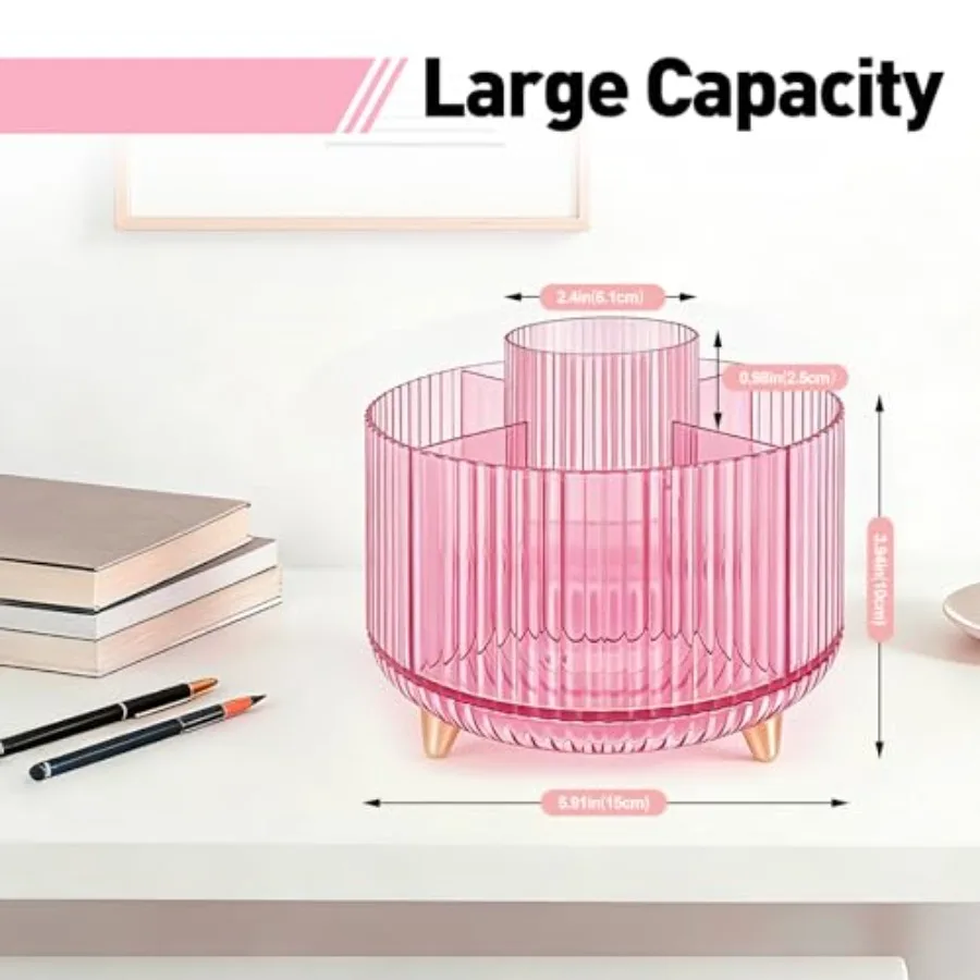 360 Rotating Pen Pencil Holder for Desk, Pen Organizer with 5 Slots, Makeup Brush Holder, Desk Organizer and Accessories, Cute