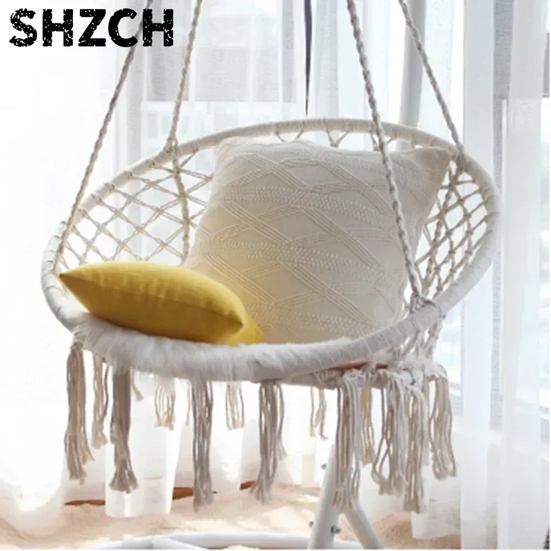 Premium Quality Patio Swing with Cotton Rope Metal Frame Cozy Nordic Style Hanging Lounger Swing Chair Outdoor Hammock Chair