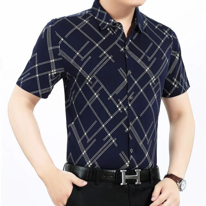 Fashion Lapel Printed Short Sleeve Plaid Shirts Men's Clothing 2024 Summer New Loose All-match Tops Business Casual Shirts